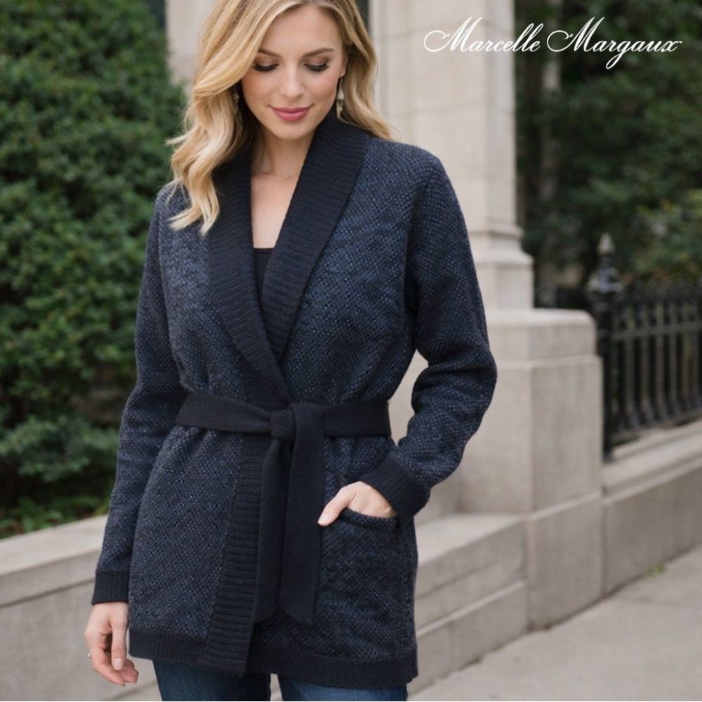 NWT Marcelle Marguax Sz M Blue Wool elevated loungewear, cozy warm cardigan